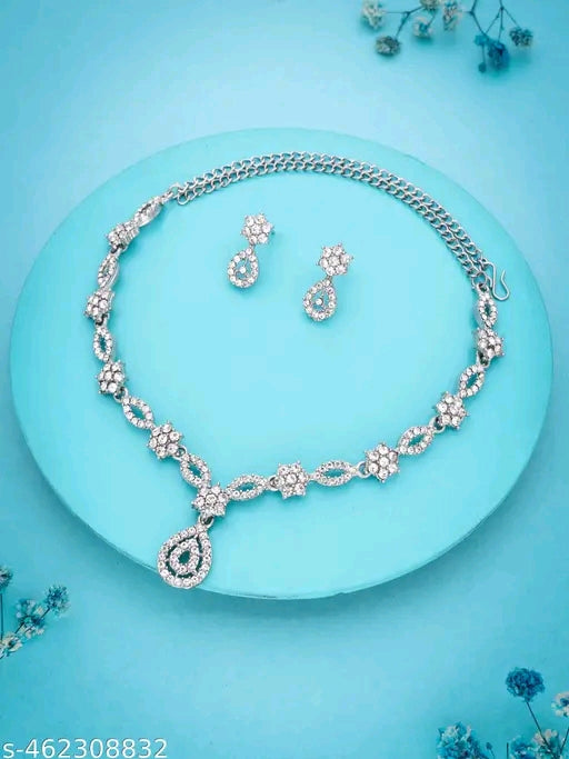 Silver Plated Necklace Set With American Diamond